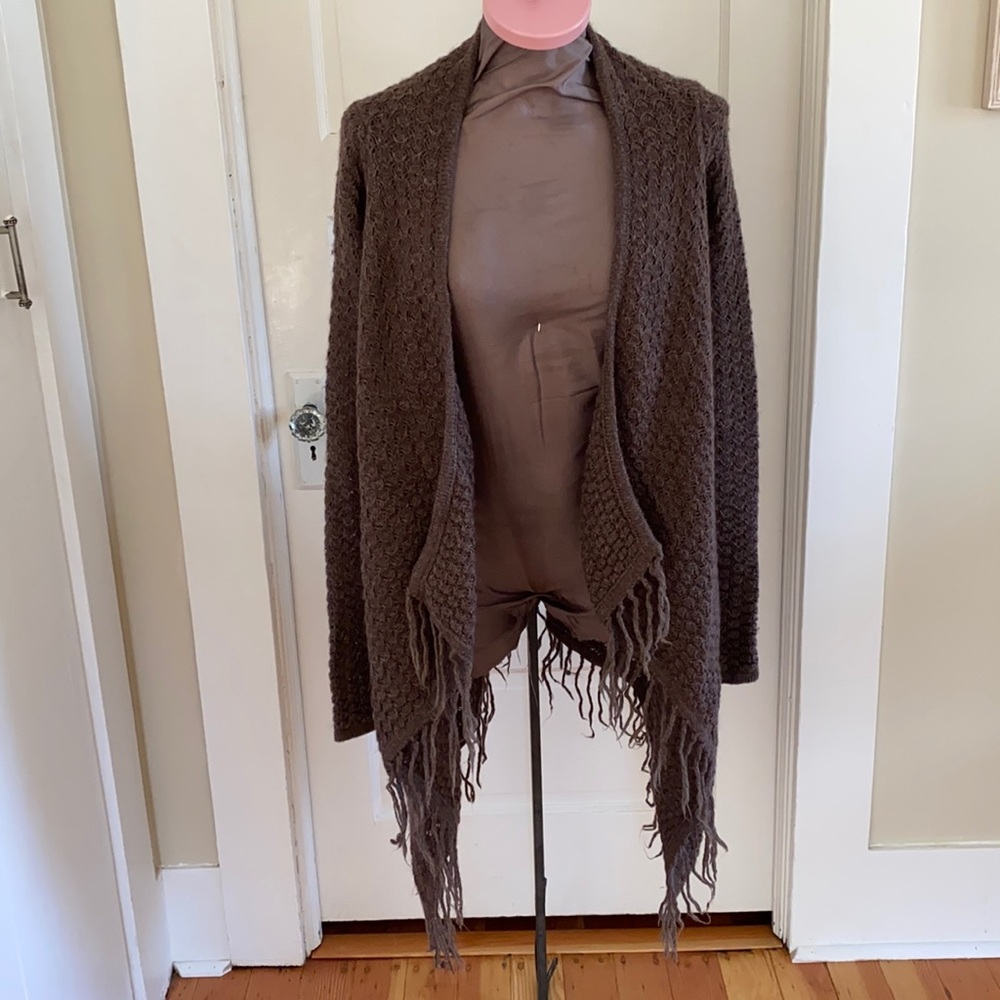 Design‎ History Open Front Wool Blend Fringed Cardigan Sweater Small